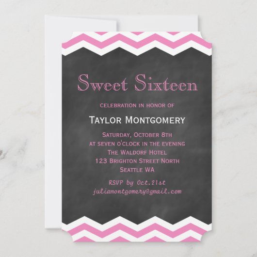 Roze Chevrons op het karton Sweet Sixteen Invite Kaart (Voorkant)