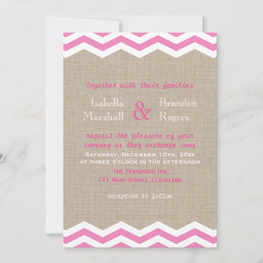 Roze chevrons op jute bruiloft uitnodiging (Voorkant)