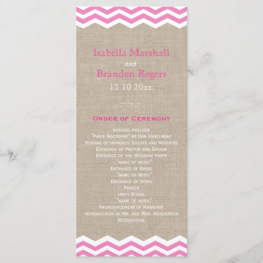 Roze Chevrons op Jute Huwelijksprogramma Programmakaart (Voorkant)