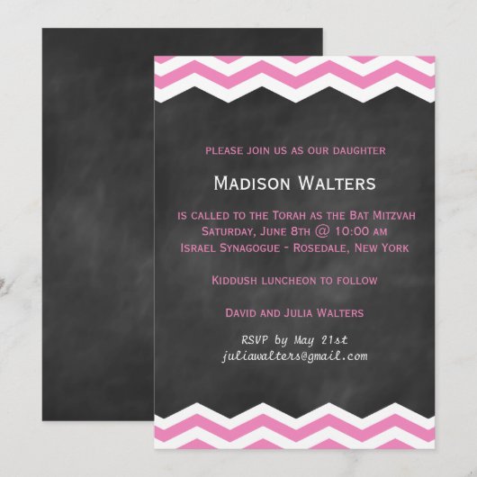 Roze Chevrons op schoolbord Bat Mitzva Uitnodiging (Voorkant / Achterkant)