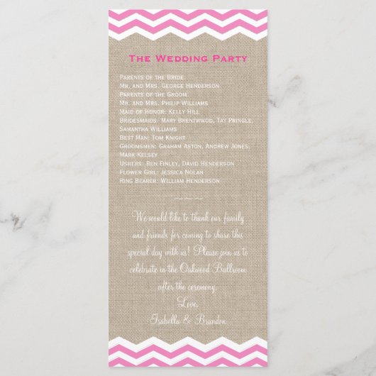 Roze Chevrons over het Burlap Wedding Programme Programmakaart (Achterkant)