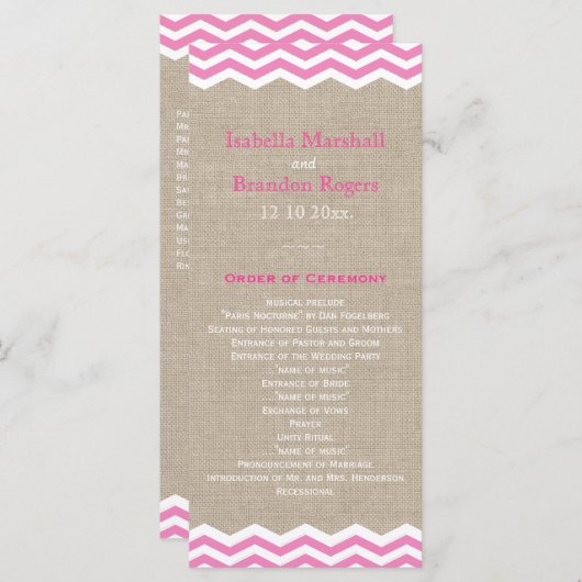 Roze Chevrons over het Burlap Wedding Programme Programmakaart (Voorkant / Achterkant)