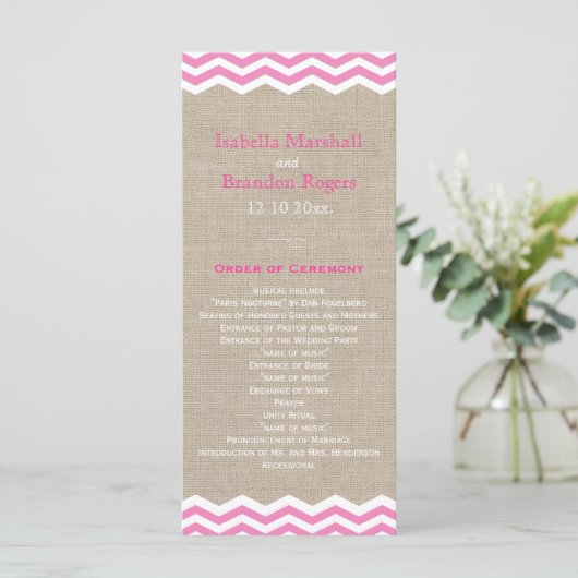 Roze Chevrons over het Burlap Wedding Programme Programmakaart (Staand voorkant)