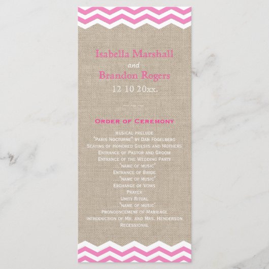 Roze Chevrons over het Burlap Wedding Programme Programmakaart (Voorkant)