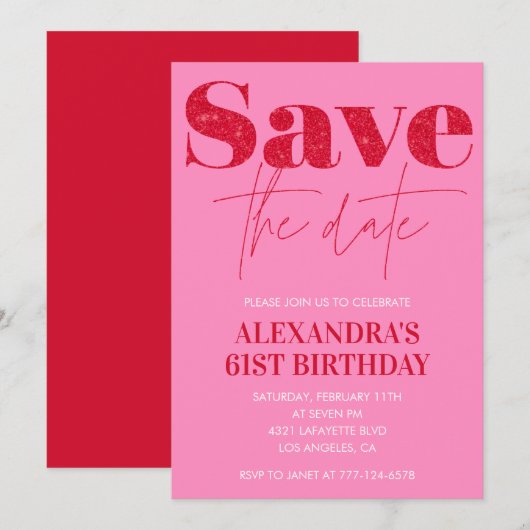 Roze chic 61e verjaardagsuitnodigingen Save the da Kaart (Voorkant / Achterkant)