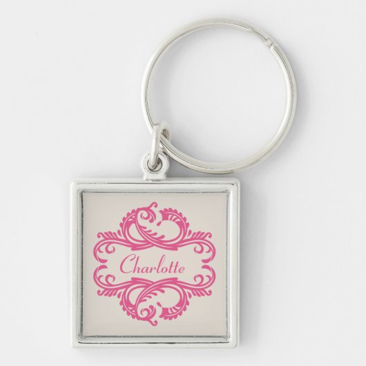 Roze Chic Damask Premium-Sleutelhanger Sleutelhanger (Voorkant)