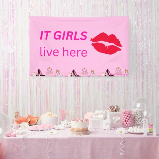 Roze Chic Girls Party Lipstick Dorm Sign Spandoek (Feest)