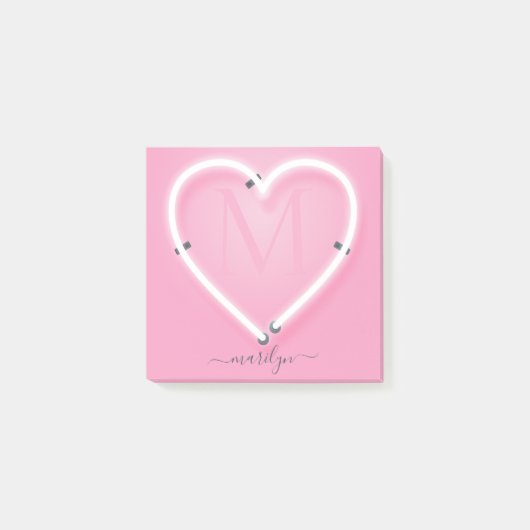 Roze Chic Neon Heart Monogram Naam Post-it® Notes (Voorkant)