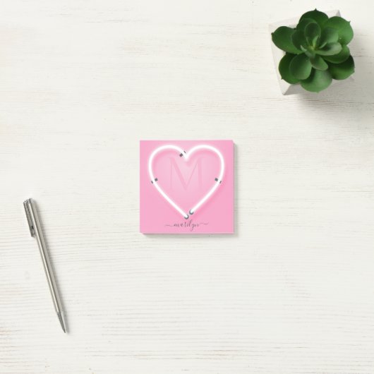 Roze Chic Neon Heart Monogram Naam Post-it® Notes (Kantoor)