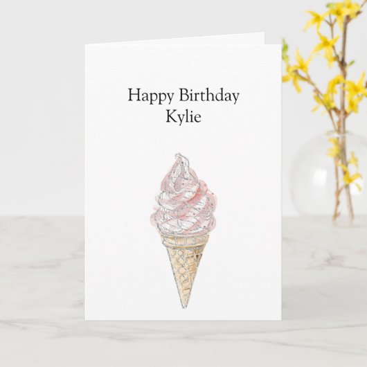 Roze Chic Silver Ice Cream Cone Verjaardag Kaart (Gele Bloem)