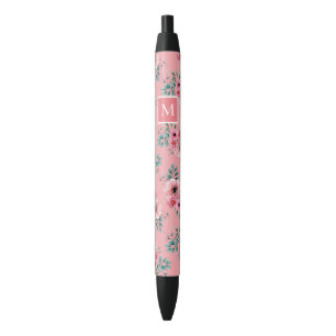 Roze Chic Waterverf Floral Monogram zwarte inkt Pen