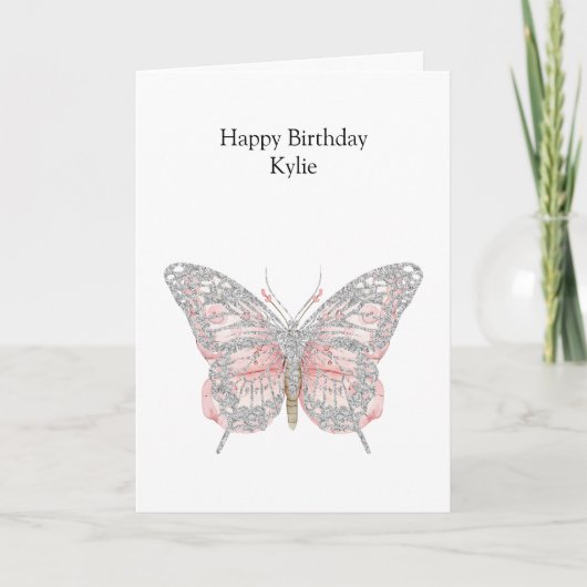 Roze Chic Zilveren Vlinder Verjaardag Kaart (Voorkant)