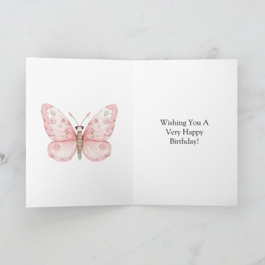 Roze Chic Zilveren Vlinder Verjaardag Kaart (Binnen)
