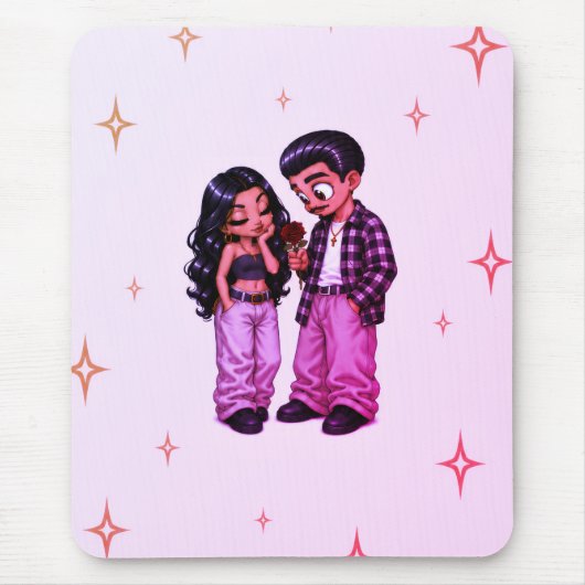 Roze Chicano-liefdeskoppel Rode Roos Romantisch Muismat (Voorkant)