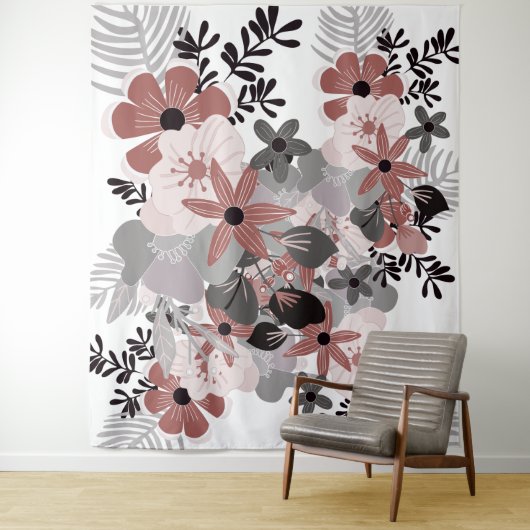 Roze Chilipeper en Grijs Boho Bloemmotief Wandkleed (In situ)