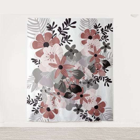 Roze Chilipeper en Grijs Boho Bloemmotief Wandkleed (Voorkant)