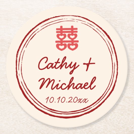 Roze Chinees trouw dubbel gelukzegel logo Ronde Kartonnen Onderzetter (Voorkant)
