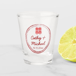 Roze Chinese bruiloft, dubbele geluksstempel logo Shot Glas