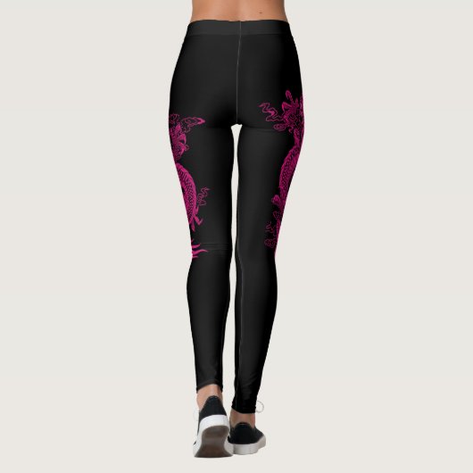 Roze Chinese keizer Dragon op zwarte Leggings (Achterkant)