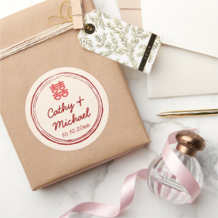 Roze Chinese trouw 'dubbel geluk' stempel logo Ronde Sticker