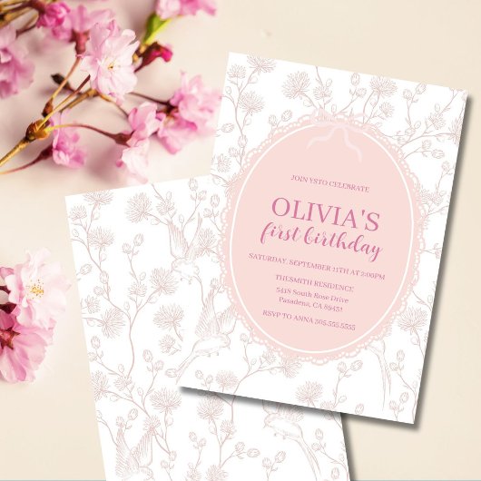 Roze Chinoiserie 1e verjaardag Kaart