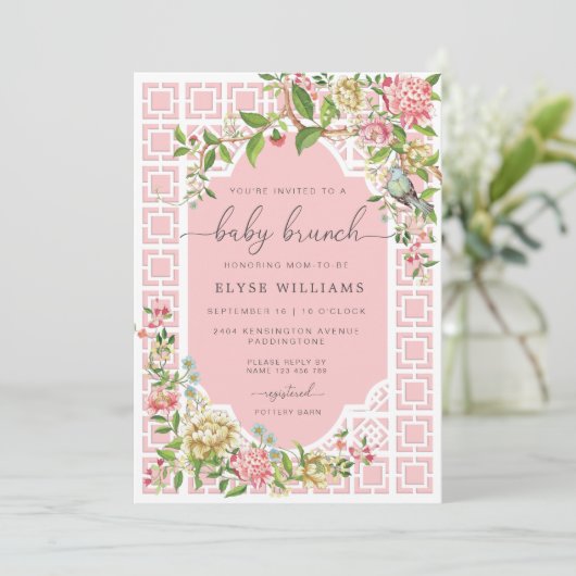 Roze Chinoiserie Baby Brunch Invitation - Trianon Kaart (Staand voorkant)