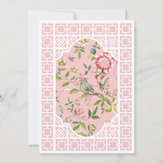 Roze Chinoiserie Baby Brunch Invitation - Trianon Kaart (Achterkant)