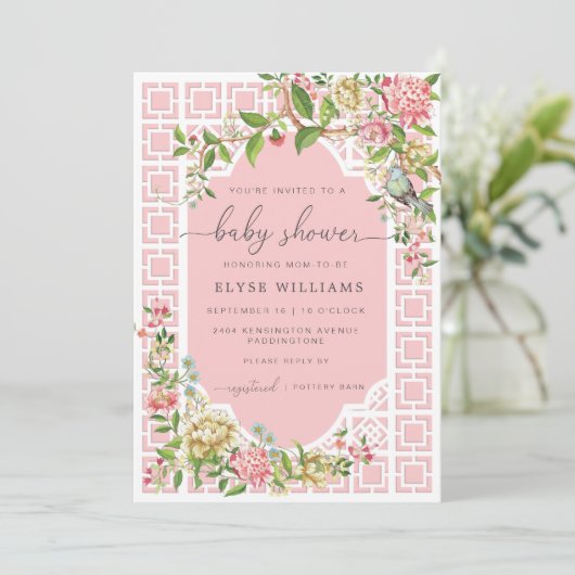 Roze Chinoiserie Baby shower Invitation - Trianon Kaart (Staand voorkant)