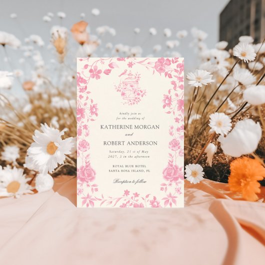 Roze Chinoiserie  Bloemen Huwelijk Kaart