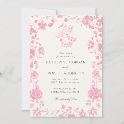 Roze Chinoiserie Bloemen Huwelijk Kaart (Voorkant)