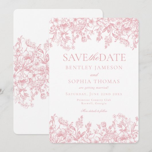 Roze Chinoiserie Bloemen Save the Date Kaart (Voorkant / Achterkant)