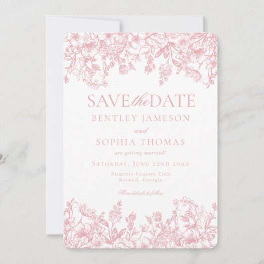 Roze Chinoiserie Bloemen Save the Date Kaart (Voorkant)