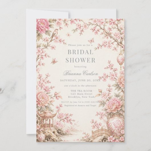 Roze Chinoiserie Bruiloftsfeest Kaart (Voorkant)