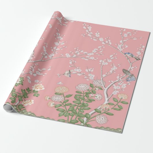 Roze Chinoiserie Decoupage Cadeaupapier (Uitgerold)
