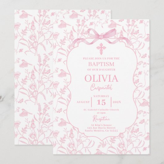 Roze Chinoiserie Doop Meisje Kaart (Voorkant / Achterkant)