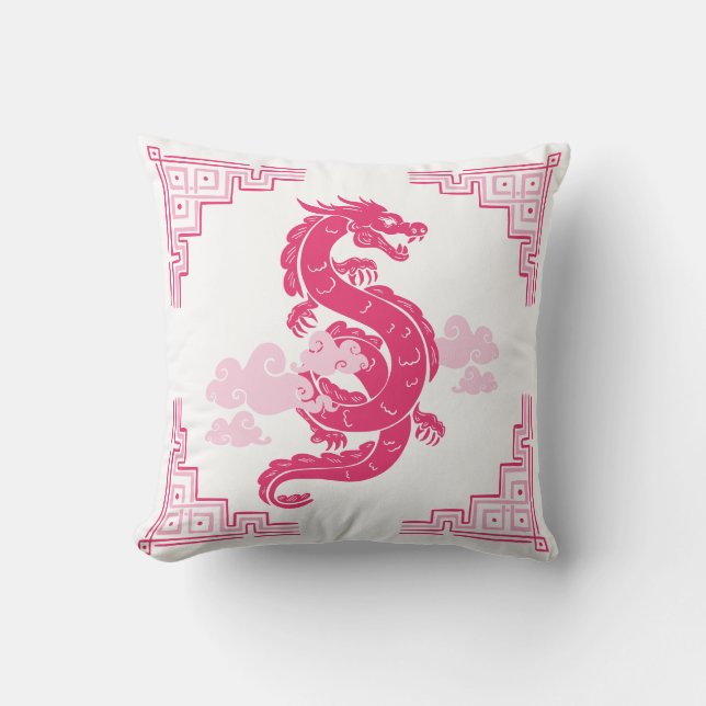 Roze Chinoiserie Dragon en wolken Kussen (Voorkant)