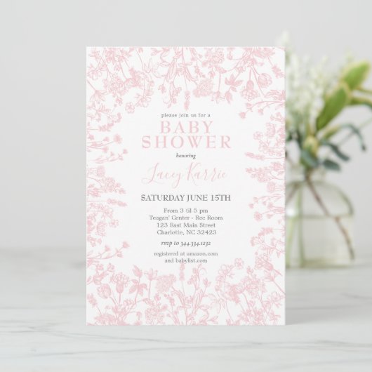 Roze Chinoiserie Floral Baby shower Invitation, Kaart (Staand voorkant)