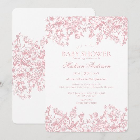Roze Chinoiserie  Floral Baby shower Kaart (Voorkant / Achterkant)