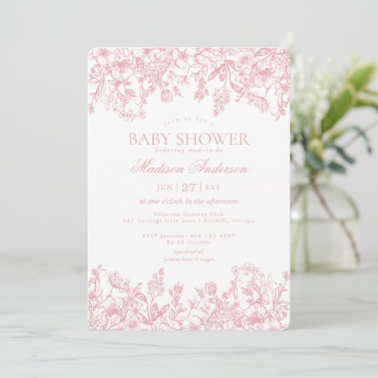 Roze Chinoiserie Floral Baby shower Kaart (Staand voorkant)