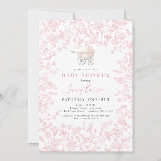 Roze Chinoiserie floral baby shower uitnodiging, Kaart (Voorkant)