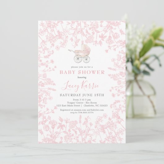 Roze Chinoiserie floral baby shower uitnodiging, Kaart (Staand voorkant)