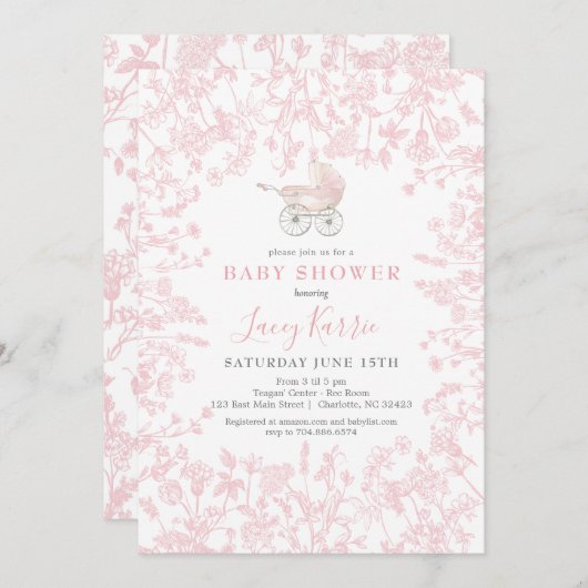 Roze Chinoiserie floral baby shower uitnodiging, Kaart (Voorkant / Achterkant)