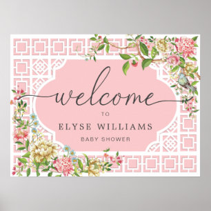 Roze Chinoiserie Floral Baby shower Welkom Poster