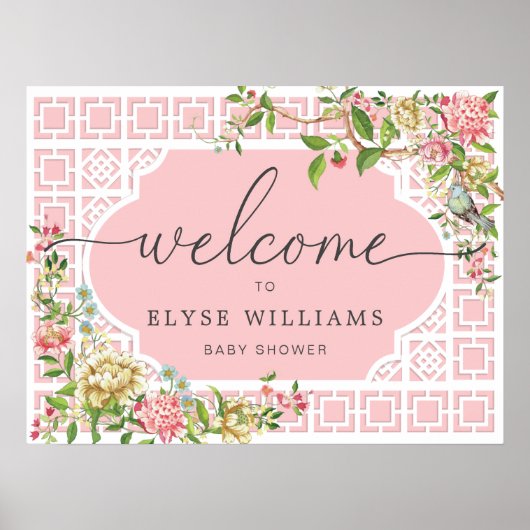 Roze Chinoiserie Floral Baby shower Welkom Poster (Voorkant)