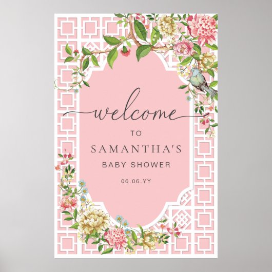 Roze Chinoiserie Floral Baby shower Welkom Poster (Voorkant)