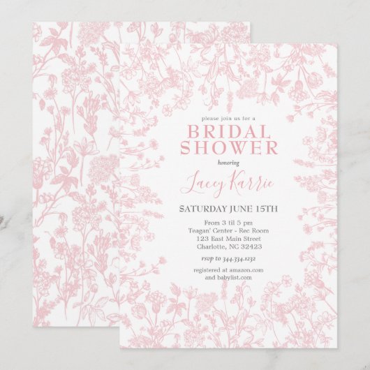 Roze Chinoiserie Floral bruids douche uitnodiging, Kaart (Voorkant / Achterkant)