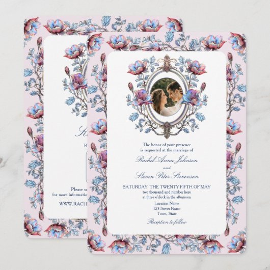 Roze Chinoiserie Fotobruiloft Kaart (Voorkant / Achterkant)