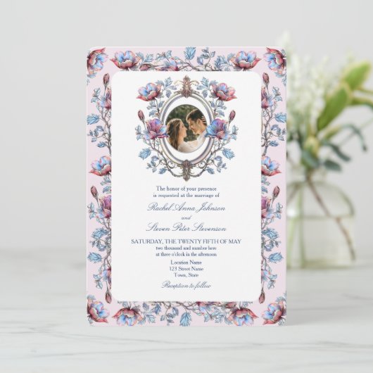 Roze Chinoiserie Fotobruiloft Kaart (Staand voorkant)