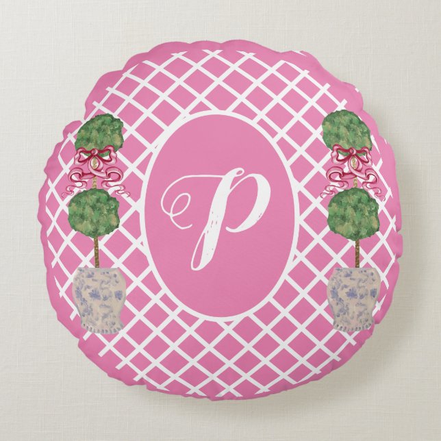 Roze Chinoiserie Ginger Jar Topiary Basket Rond Kussen (Voorkant)
