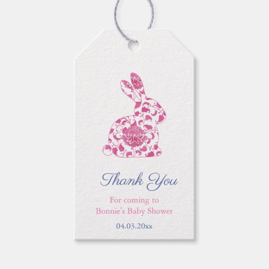Roze Chinoiserie Konijn Baby Shower Favor Cadeaulabel (Voorkant)